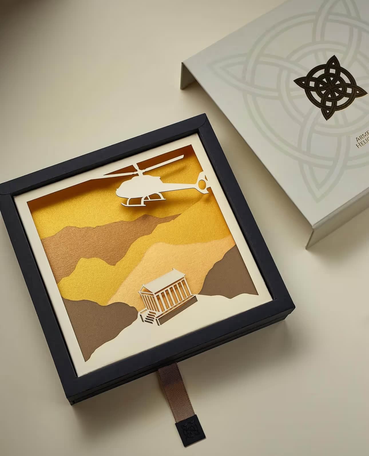 Jewelry Box · Armenia — Materials: Cordenons Plike Blue & Green 330 gsm — Print: White + CMYK — Post-printing: Velvet Lamination, Silver Foil Embossing, UV Emboss Varnish, Matte Varnish — Other: Natural Leather, Bamboo