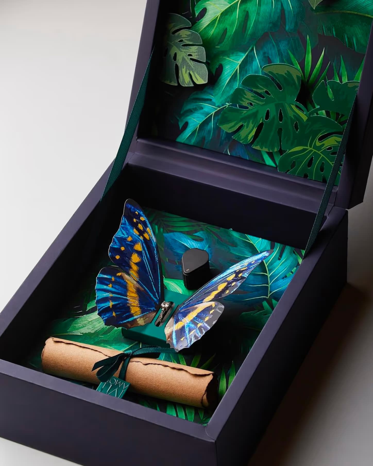 Jewelry Box · Armenia — Materials: Cordenons Plike Blue & Green 330 gsm — Print: White + CMYK — Post-printing: Velvet Lamination, Silver Foil Embossing, UV Emboss Varnish, Matte Varnish