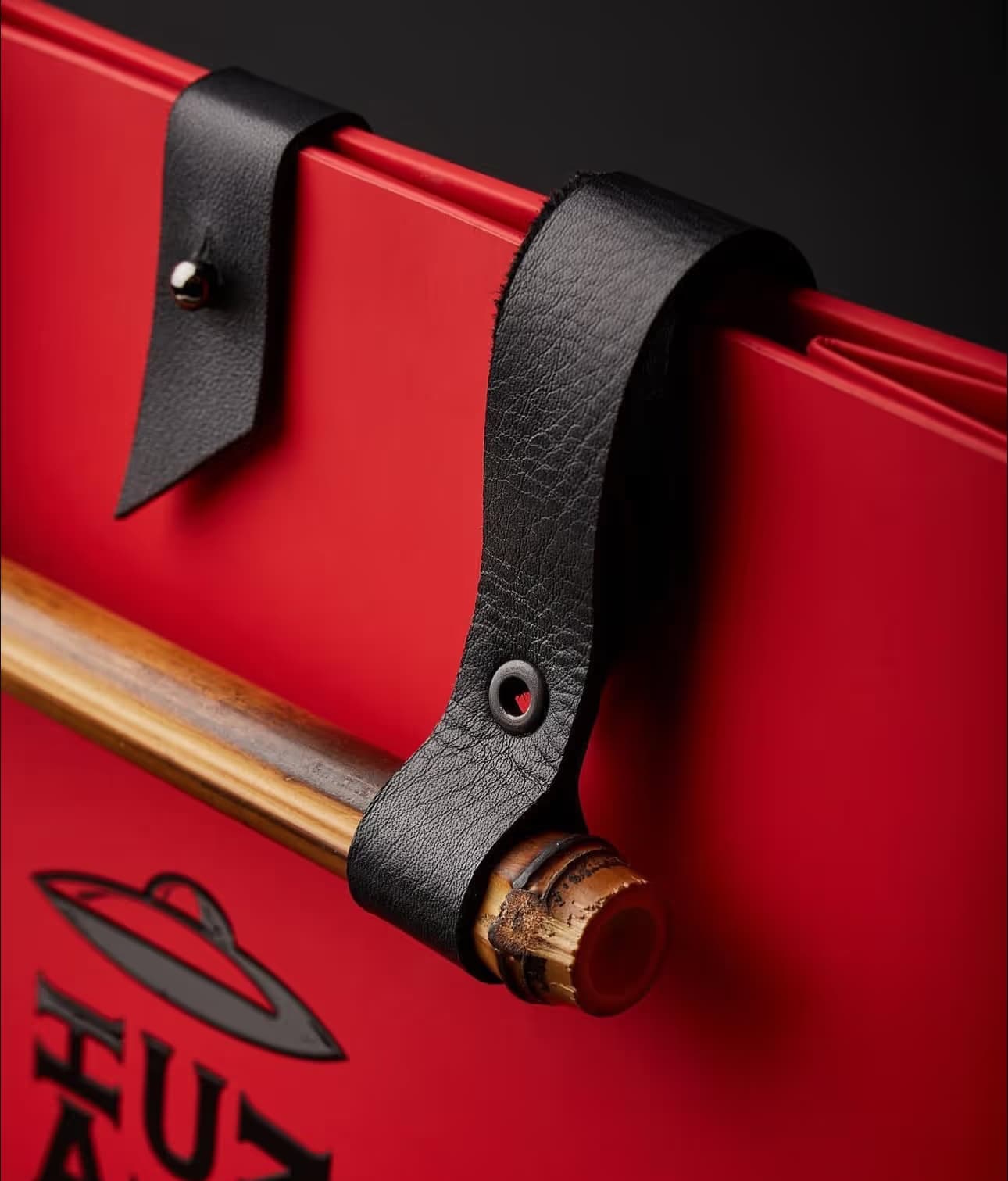 Bag · Armenia — Materials: Cordenons Plike Red 330 gsm — Print: Black — Post-printing: Velvet Lamination, UV Emboss Varnish — Other: Natural Leather, Bamboo